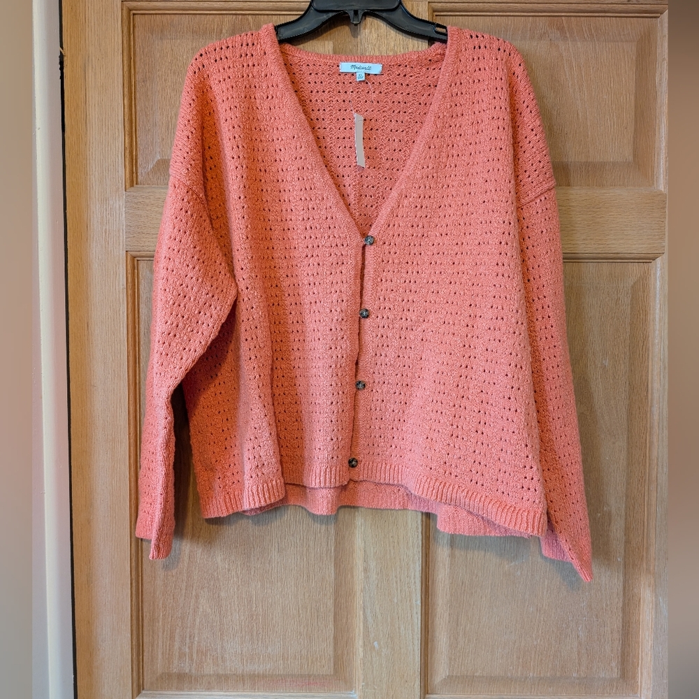 Madewell Sweater Womens Open-Stitch Cardigan Button V Neck Orange Cotton XL NEW